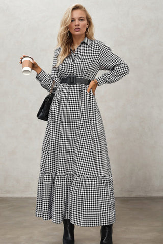 Shirt Collar Black White Plaid High Waist Dress