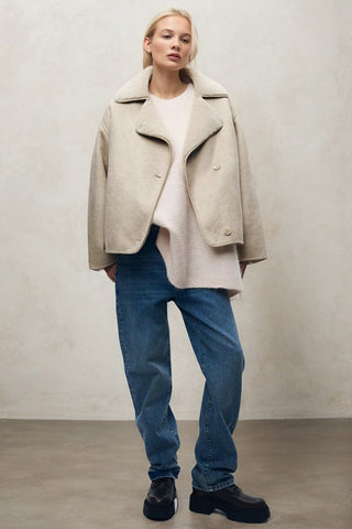 Warmth Lapel Collar PU Contrast Sherpa Jacket