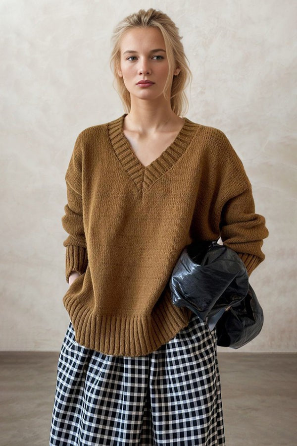 Lazy wind V-neck loose pullover thin and versatile knit sweater