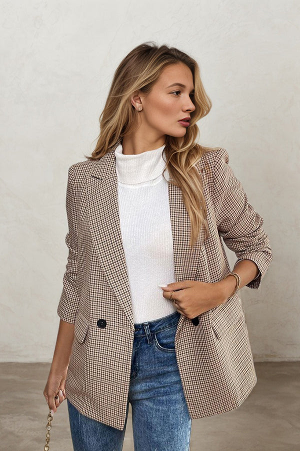 Classic Lapel Collar Plaid Double-breasted Blazer