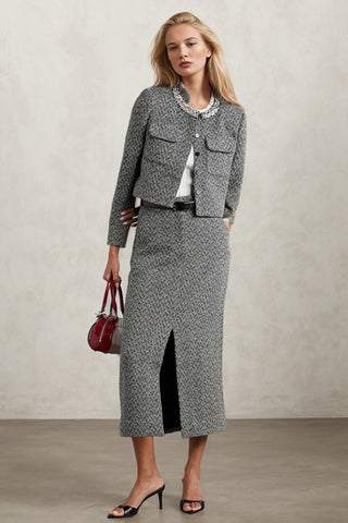 Pre Order Diamond Trim Tweed Jacket & Split Hem Skirt Set