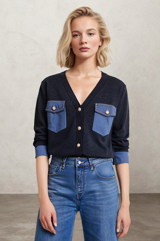 Cozy V-neck Contrast Denim Single Breasted Sweater