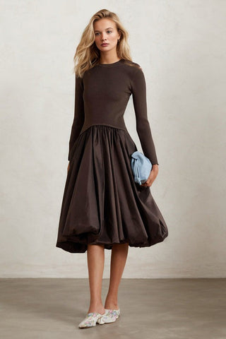 Pre Order Ribbed-knit Contrast Pleated Balloon Hem Midi Dress