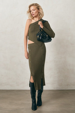 Pre Order Ribbed Asymmetric Sweater & Split Hem Skirt Set