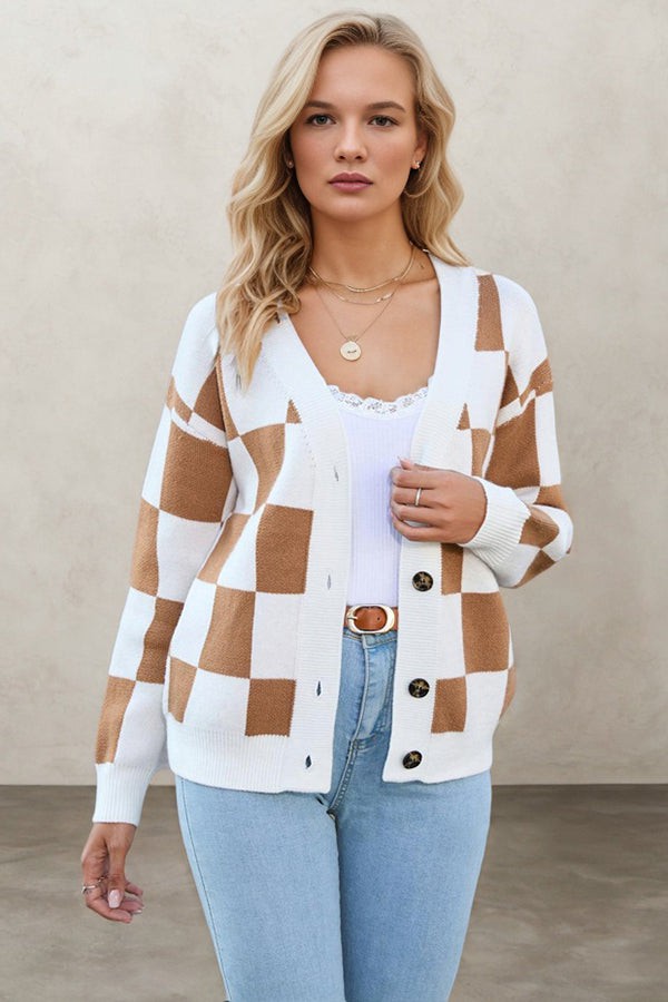 Oversized Plaid Patchwork Knitted Jacket