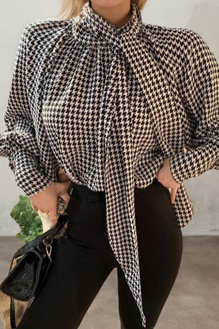 Houndstooth Bow Balloon Sleeve Shirt Top