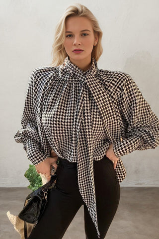 Houndstooth Bow Balloon Sleeve Shirt Top