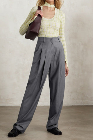 Tailored Pleated Wool Straight Leg Trousers