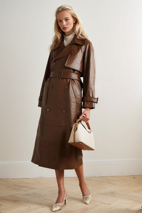 Pre Order Lapel Collar Belted Leather Trench Coat