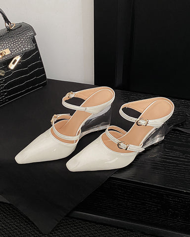 Pointed Closed Toe Slip On Two Strap Wedge Mules