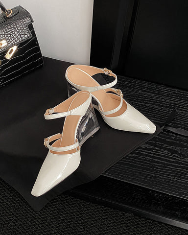 Pointed Closed Toe Slip On Two Strap Wedge Mules