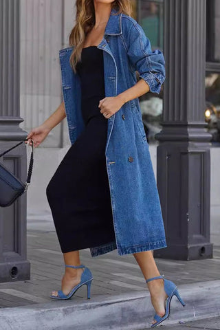 Denim Cotton Solid Color Double Pocket Long Coat