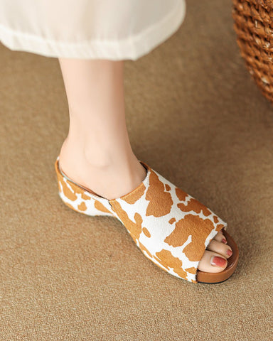 Calf Hair Leather Open Toe Chunky Clog Slide Platform Sandals