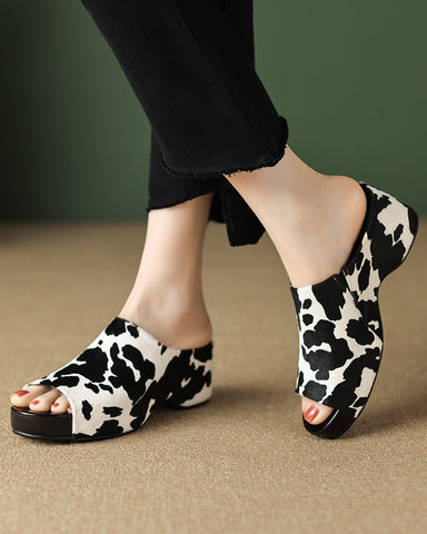 Calf Hair Leather Open Toe Chunky Clog Slide Platform Sandals