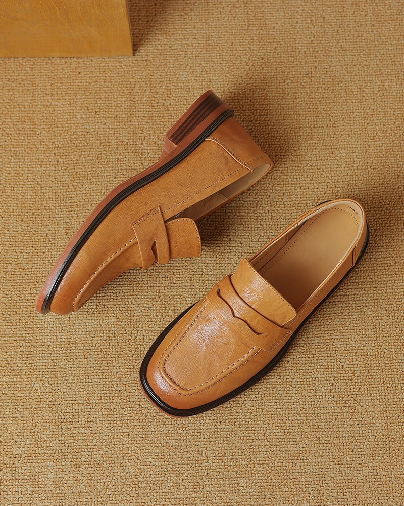 Leather-Round-Toe-Flat-Low-Heeled-Loafers