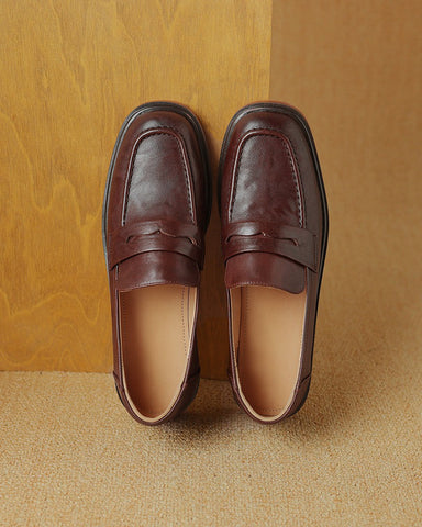 Leather-Round-Toe-Flat-Low-Heeled-Loafers