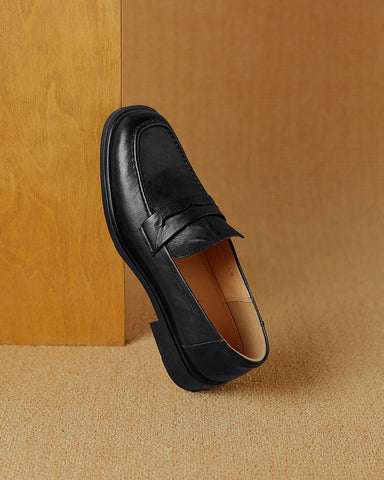 Leather-Round-Toe-Flat-Low-Heeled-Loafers