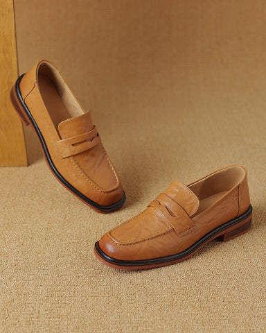 Leather-Round-Toe-Flat-Low-Heeled-Loafers