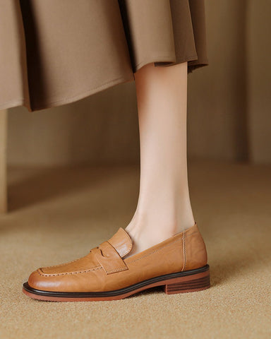 Leather-Round-Toe-Flat-Low-Heeled-Loafers