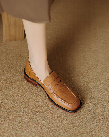 Leather-Round-Toe-Flat-Low-Heeled-Loafers