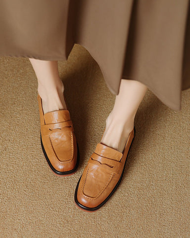 Leather-Round-Toe-Flat-Low-Heeled-Loafers