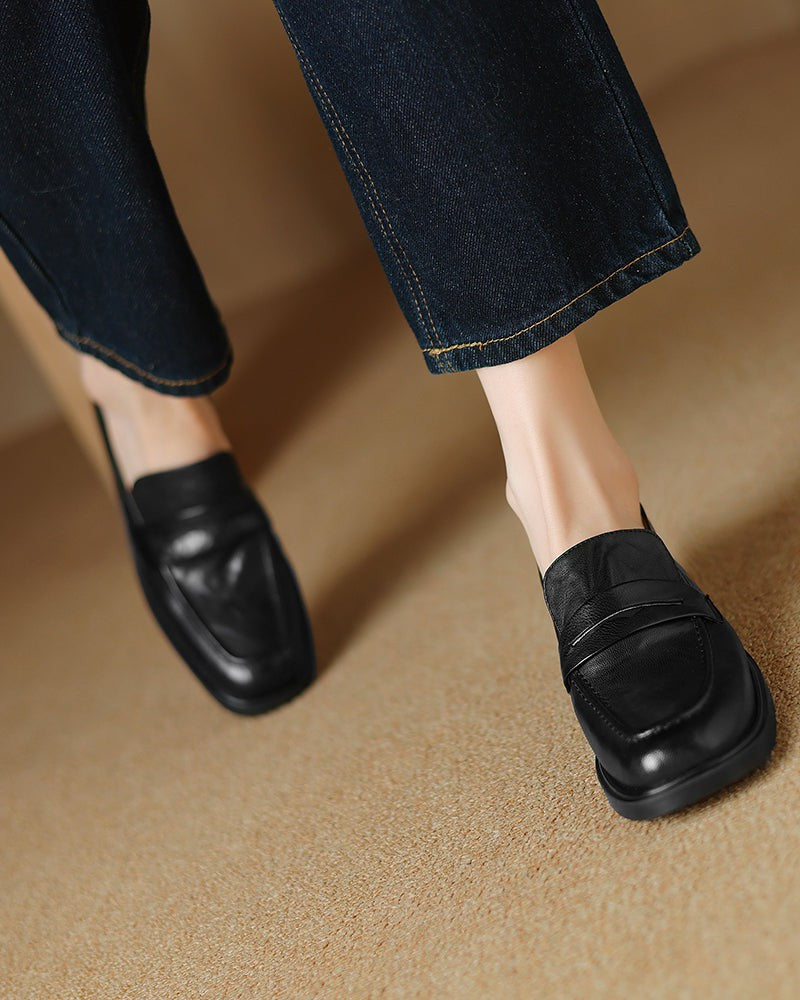 Leather-Round-Toe-Flat-Low-Heeled-Loafers