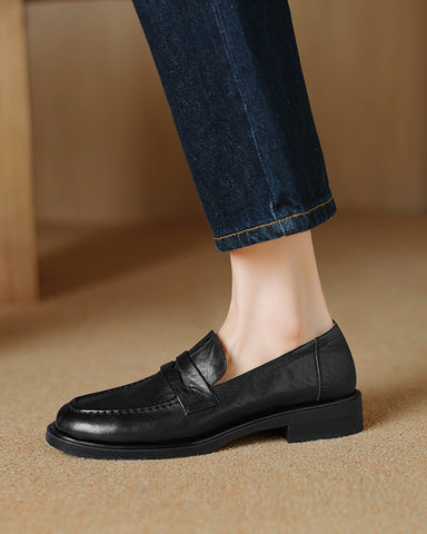 Leather-Round-Toe-Flat-Low-Heeled-Loafers