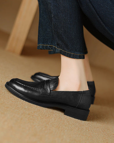 Leather-Round-Toe-Flat-Low-Heeled-Loafers