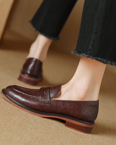 Leather-Round-Toe-Flat-Low-Heeled-Loafers