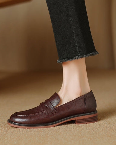 Leather-Round-Toe-Flat-Low-Heeled-Loafers