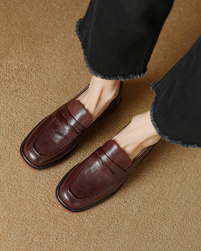 Leather-Round-Toe-Flat-Low-Heeled-Loafers