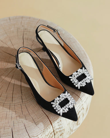 Rhinestones  Slingback Kitten Heel Pointed Toe Stiletto Pumps