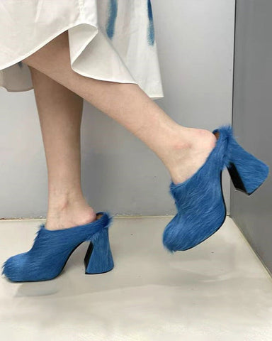 Designer Real Fur Chunky High Heel Mules