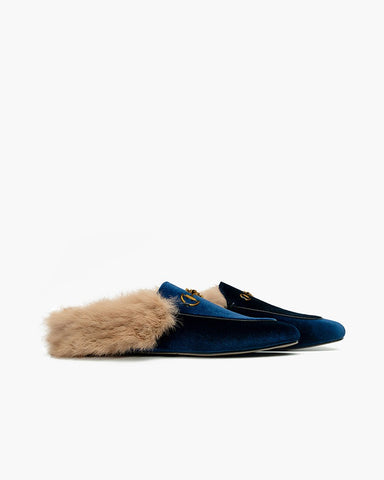 Alina Velvet Backless Fur Slip-on Comfort Mules