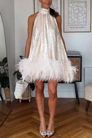 Luxe Stand Collar Feather Hem Sequin Mini Dress