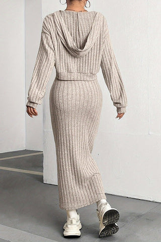 Knitted Long Sleeved Suit Hooded Sweater Dress Two-piece Suit