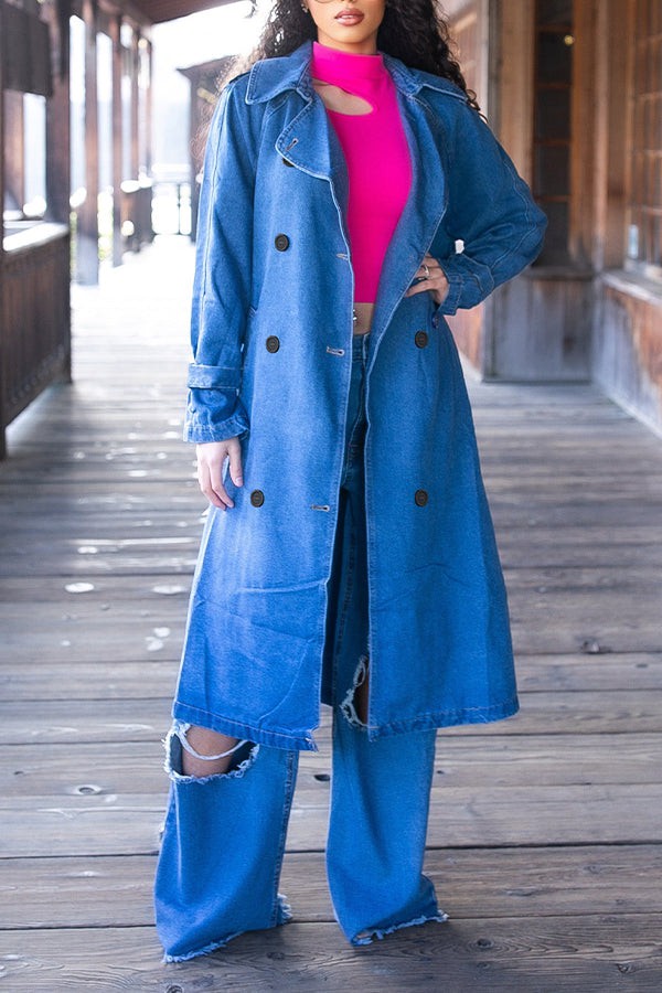 Casual Denim Lapel Collar Double-breasted Trench Coat