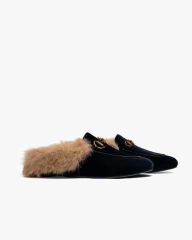 Alina Velvet Backless Fur Slip-on Comfort Mules