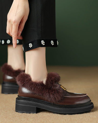 Rabbit Fur Thick-soled Velvet Leather Shoes