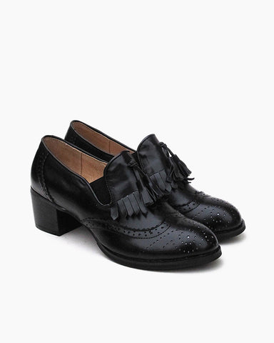 Black and White Classic Fringed Chunky Heel Oxford Shoes