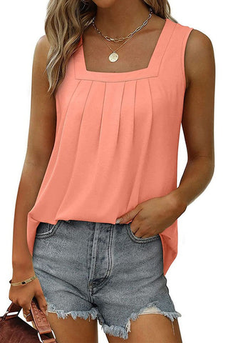 Pleated Square Neck Sleeveless Swallowtail T-Shirt