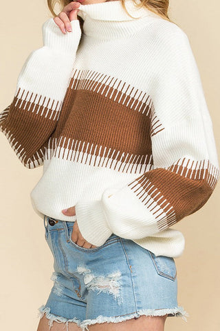 Contrast Color High Collar Patchwork Pullover Sweater