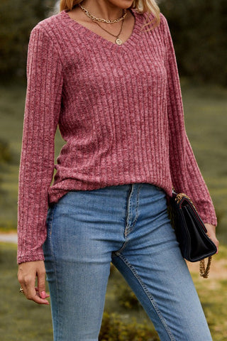 Casual Elegance V-neck Vertical Striped Solid Color Sweater