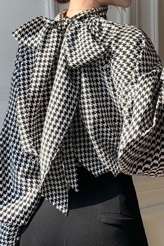 Houndstooth Bow Balloon Sleeve Shirt Top