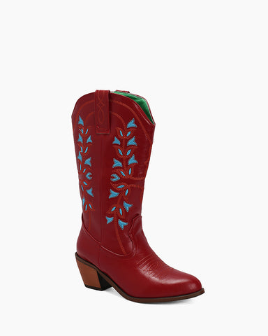 Colorblock Mid Calf Embroidered Western Cowboy Boots