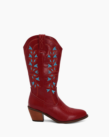 Colorblock Mid Calf Embroidered Western Cowboy Boots