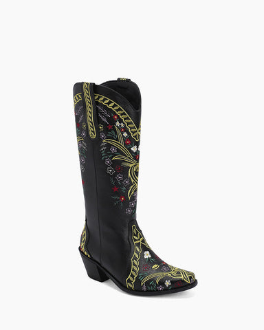 Retro Flower Embroidered Mid Calf Western Boots