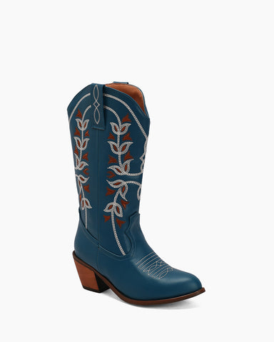 Colorblock Mid Calf Embroidered Western Cowboy Boots