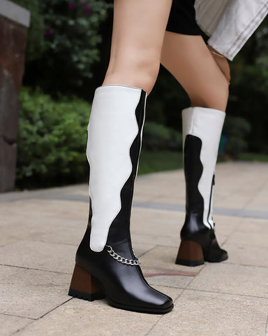 Color-Block Design Wide Calf Cowboy Western Boots