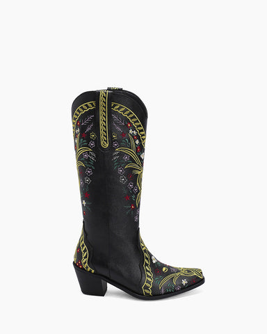 Retro Flower Embroidered Mid Calf Western Boots